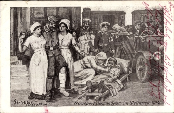 Artist PC Strieffler, transport of wounded people in World War I 1914, German Red Cross, I WK