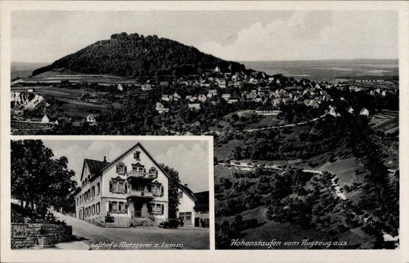 Postcard Hohenstaufen Göppingen in Württemberg, aerial photograph, inn Metzgerei zum Lamm