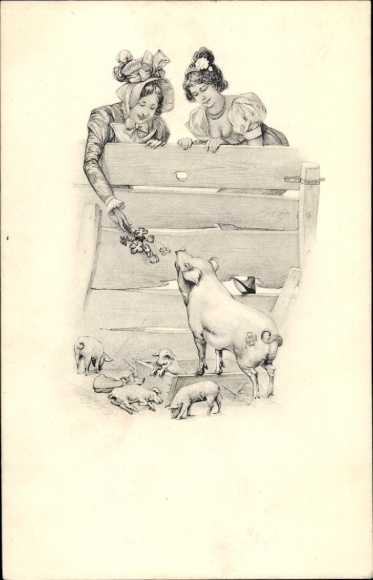 Postcard Two Young Women, Pigs, Clover