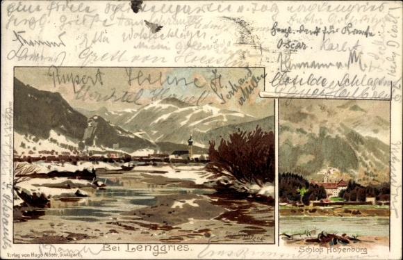 Artist Chromo-Litho Stützel, Otto, Lenggries in the district of Bad Tölz Wolfratshausen, Hohenburg Castle, winter