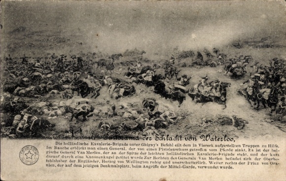 Ak Waterloo Wallonisch Brabant, Schlacht von  Kavallerie-Brigade unter Ghigny eilt Viereck auf...