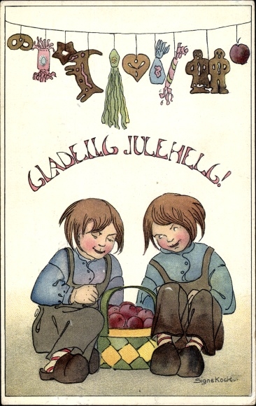 Artist PC Kock, S., gefeliciteerd Kerstmis, kinderen, mand met fruit, peperkoek