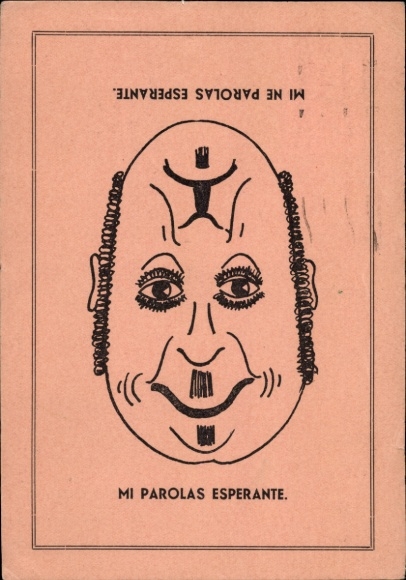 Postcard man with two facial expressions, joy, sadness