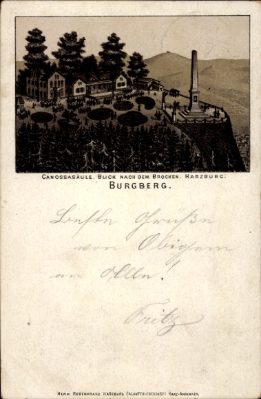 Vorläufer Litho Bad Harzburg am Harz, Canossasäule, Brockenblick, Burgberg