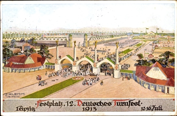Artist Postcard Klemm, J., Leipzig in Saxony, 12th German Gymnastics Festival 1913, Fairground
