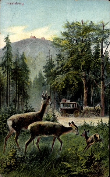 Postcard Brotterode in Thuringia, Großer Inselsberg, landscape, deer, carriage, forest, mountains, painting