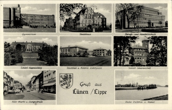 Postcard Lünen in Westphalia, high school, town house, castle, colliery Victoria, canal, vocational school