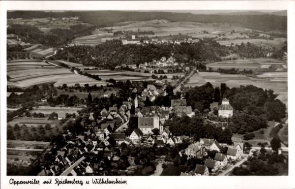 Postcard Oppenweiler in Württemberg, aerial photograph, Reichenberg, Wilhelmsheim