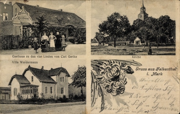 Postcard Falkenthal Löwenberger Land Brandenburg, Inn at the Four Linden Trees, Church, Villa Werdermann