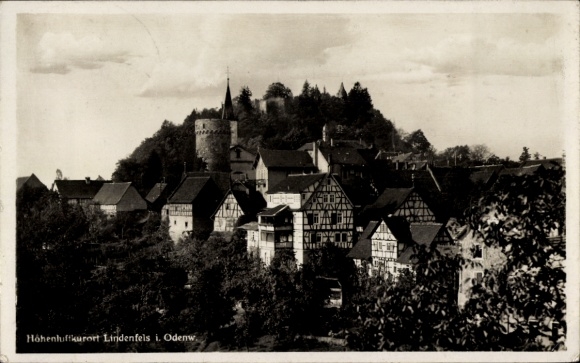 Postcard Lindenfels im Odenwald, Hohenluff spa town Lindenfels i. Odenw, town view, castle ruins, Fachw...