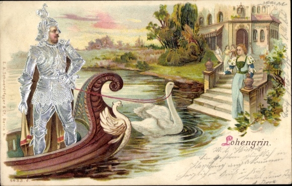 litho Lohengrin in reliëf, Zwanenridder in zilveren harnas