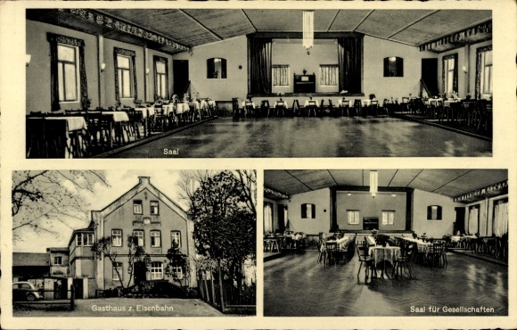 Postcard Bergtheim in Lower Franconia, inn and butcher's shop on the railway, hall