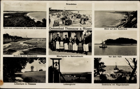 Postcard Ostseebad Thiessow on Rügen, beach life, pier, Höft, pilot bell