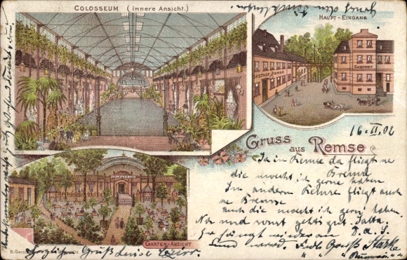 Chromo-Litho Remse an der Mulde, Colosseum, interior view, main entrance, garden view