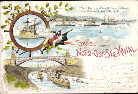 Chromo-Litho PC Kiel, greetings from the Kaiser Wilhelm Canal, flags, gun salute, high bridge
