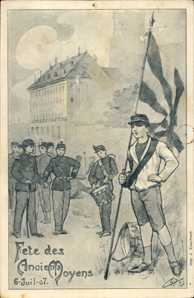 Künstler Ak Fete des Anciens Moyens, Trommlerjunge mit Fahne