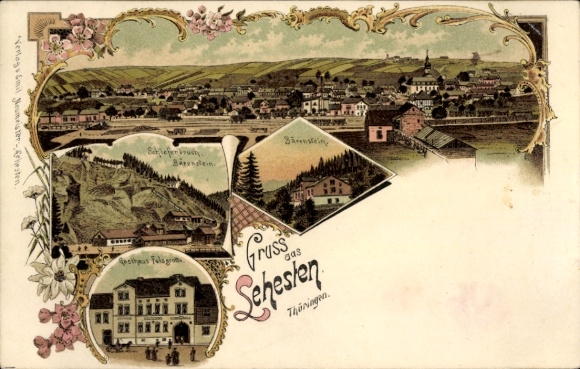 Chromo-Litho Lehesten in the Thuringian Forest, general view, guesthouse, Bärenstein