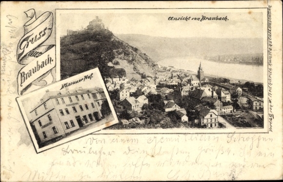 PC Braubach am Rhein, total view, Nassauer Hof, Marksburg