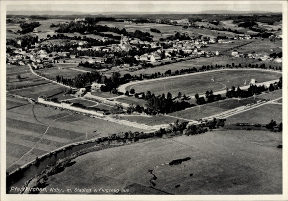 Postcard Pfarrkirchen in Lower Bavaria, aerial view of stadium, landscape,