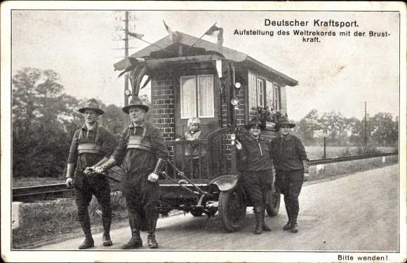 Postcard Rhenish strength athletes with house on wheels, travelers, Wichterich family, Cologne