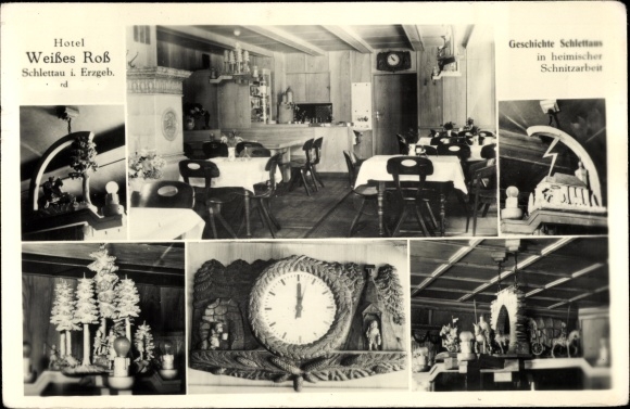 Postcard Schlettau in the Ore Mountains, Hotel Weisses Ross, owner Reinhard Schlegel, wood carvings, clock