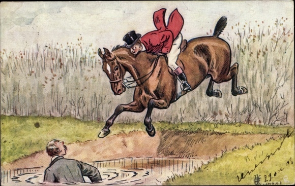 Künstler Ak Springreiten, Hindernis, Mann im Wasser