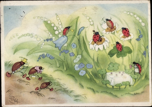 Artist Postcard Humanized Beetles, May Beetles, Ladybugs, Flowers, Table