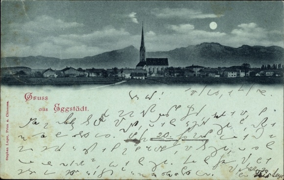 Moonlight Postcard Eggstädt Eggstätt in Upper Bavaria, general view, church