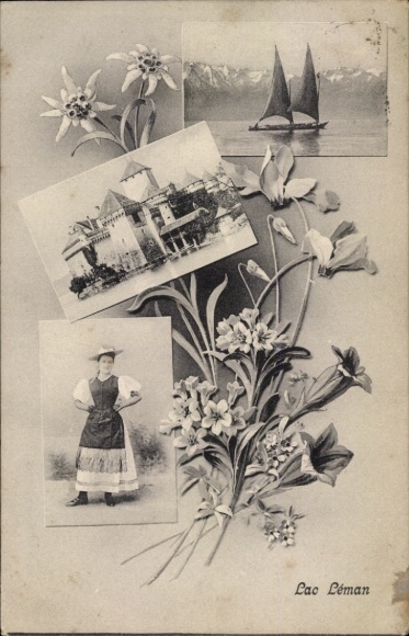 Ak Genf Kanton Schweiz, Lac Leman, Schloss, Frau in Tracht, Edelweiß, Blumenstrauss