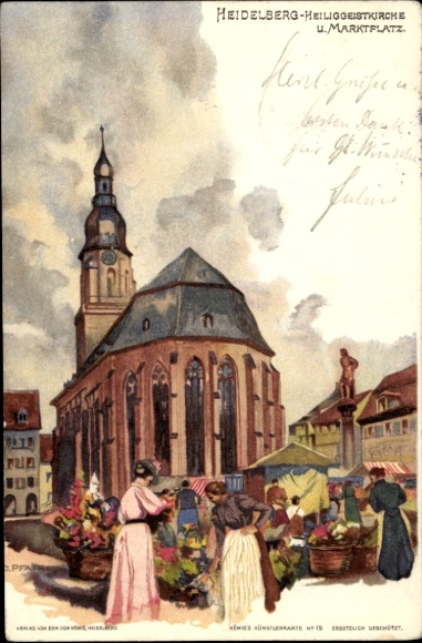 Artist Chromo-Litho Pfaff, C., Heidelberg am Neckar, Holy Spirit Church and Market Square