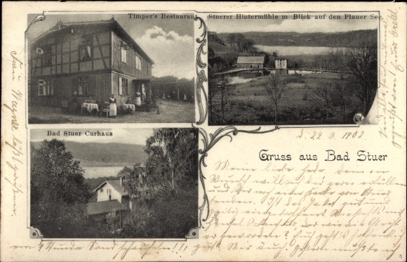 Postcard Stuer in Mecklenburg, Kurhaus, Plauer See, Hintermühle, Timper's Restaurant