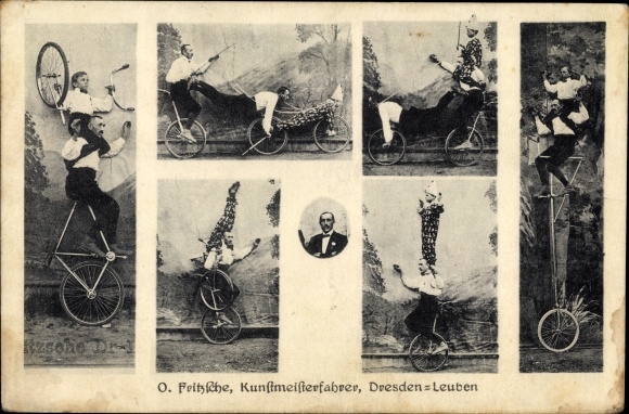 Postcard O. Fritzsche, master art driver from Dresden Leuben, art bike, unicycle