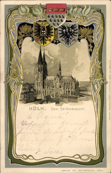 Embossed Passepartout Coat of Arms Chromo-Litho Cologne on the Rhine, Cathedral, side view