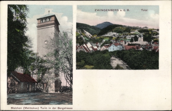 PC Zwingenberg on the Bergstraße in Hesse, Malchenturm, Melibokus, total view