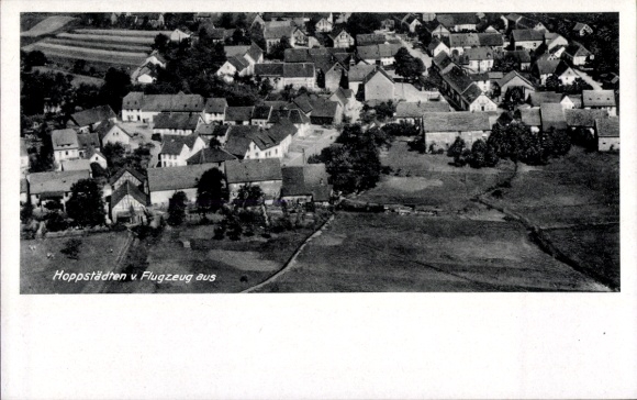 Postcard Hoppstädten Weiersbach in the Nahe valley, aerial view of a village, many houses, rural surroundings