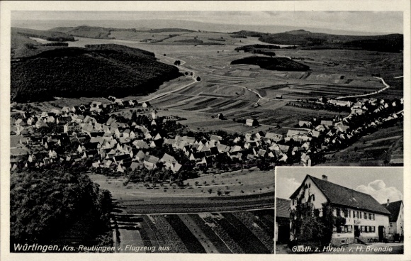 Postcard Würtingen St. Johann Swabian Alb Württemberg, aerial view of landscape, houses, Gastha