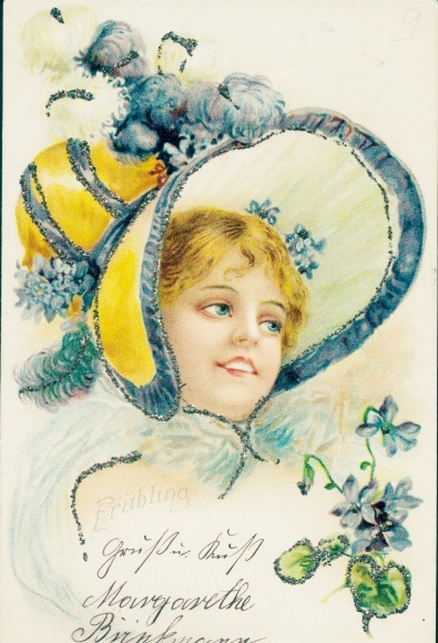 Glitter litho spring, woman portrait, hat, violets