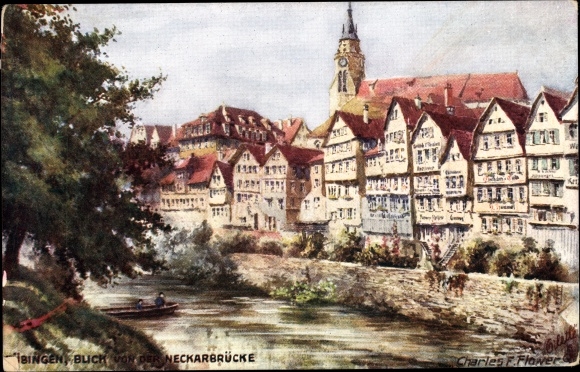 Artist PC Flower, Charles E., Tübingen, View from the Neckar Bridge, Tuck
