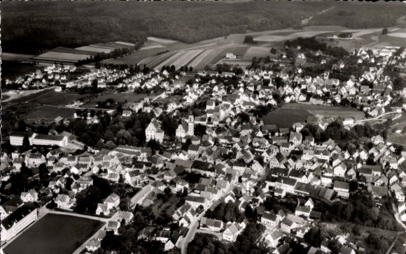 Postcard Krumbach Schwaben, aerial view of numerous houses, fields, smaller buildings