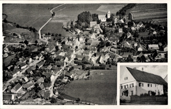 Postcard Kettershausen in Swabia, aerial photograph, commercial building A. Löfflad