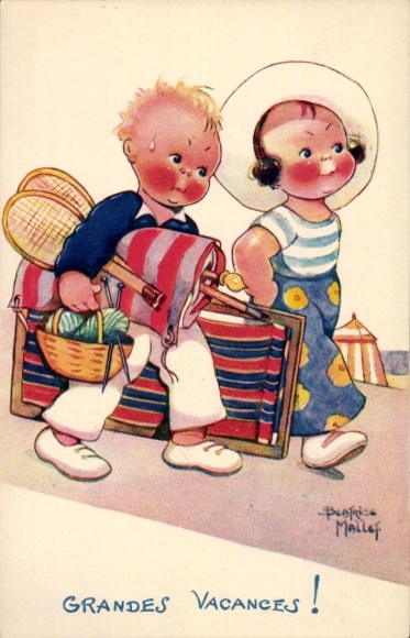 Artist Postcard Mallet, Beatrice, Grandes Vacances, boy carrying luggage, tennis racket