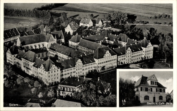 Postcard Salem in the Bodenseekreis Baden, castle, aerial photograph, restaurant and cafe Jehle
