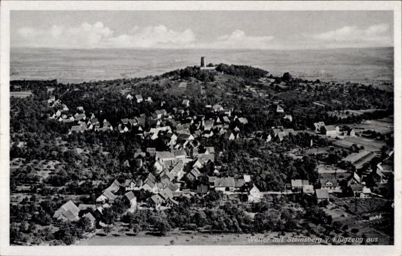Postcard Weiler Sinsheim in Baden, Burg Steinsberg, aerial photograph