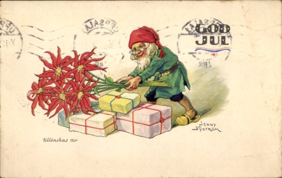 Artist Postcard Nyström, J., Congratulations Christmas, dwarf, gifts, flowers
