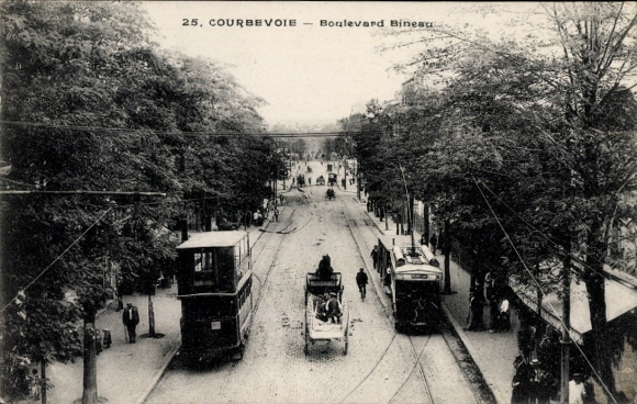 Postcard Courbevoie Hauts de Seine, Boulevard Bineau, trams, pedestrians, trees