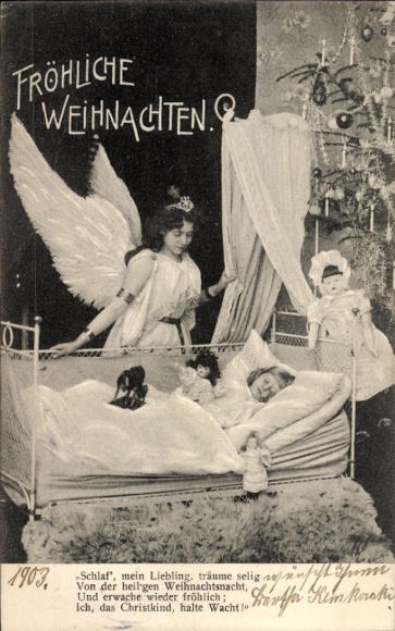 Postcard Merry Christmas, angel, sleeping child, Christmas tree, doll