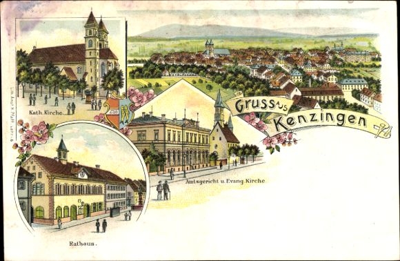 Chromo-Litho Kenzingen im Breisgau Baden, total, district court, church, town hall