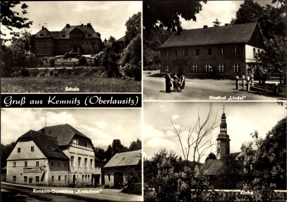 Postcard Kemnitz Bernstadt on the own, school, inn Lindel, consumption restaurant Kretscham, church