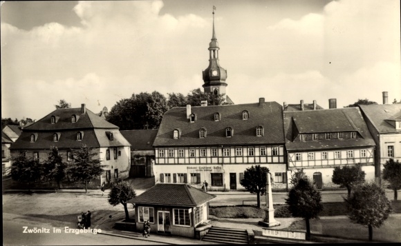 Postcard Zwönitz in the Erzgebirge of Saxony, bakery, church tower