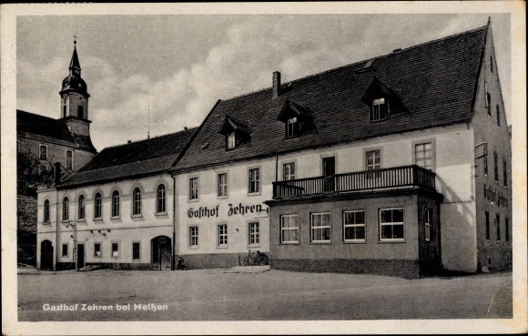 Ak Zehren in Sachsen, Gasthof Zehren, eigenaar Robert Müller, kerk